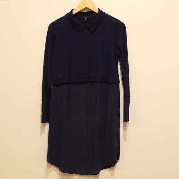COS sweater dress tunic navy blue 100% wool 100% silk collar long sleeve S flaw - Picture 1 of 12